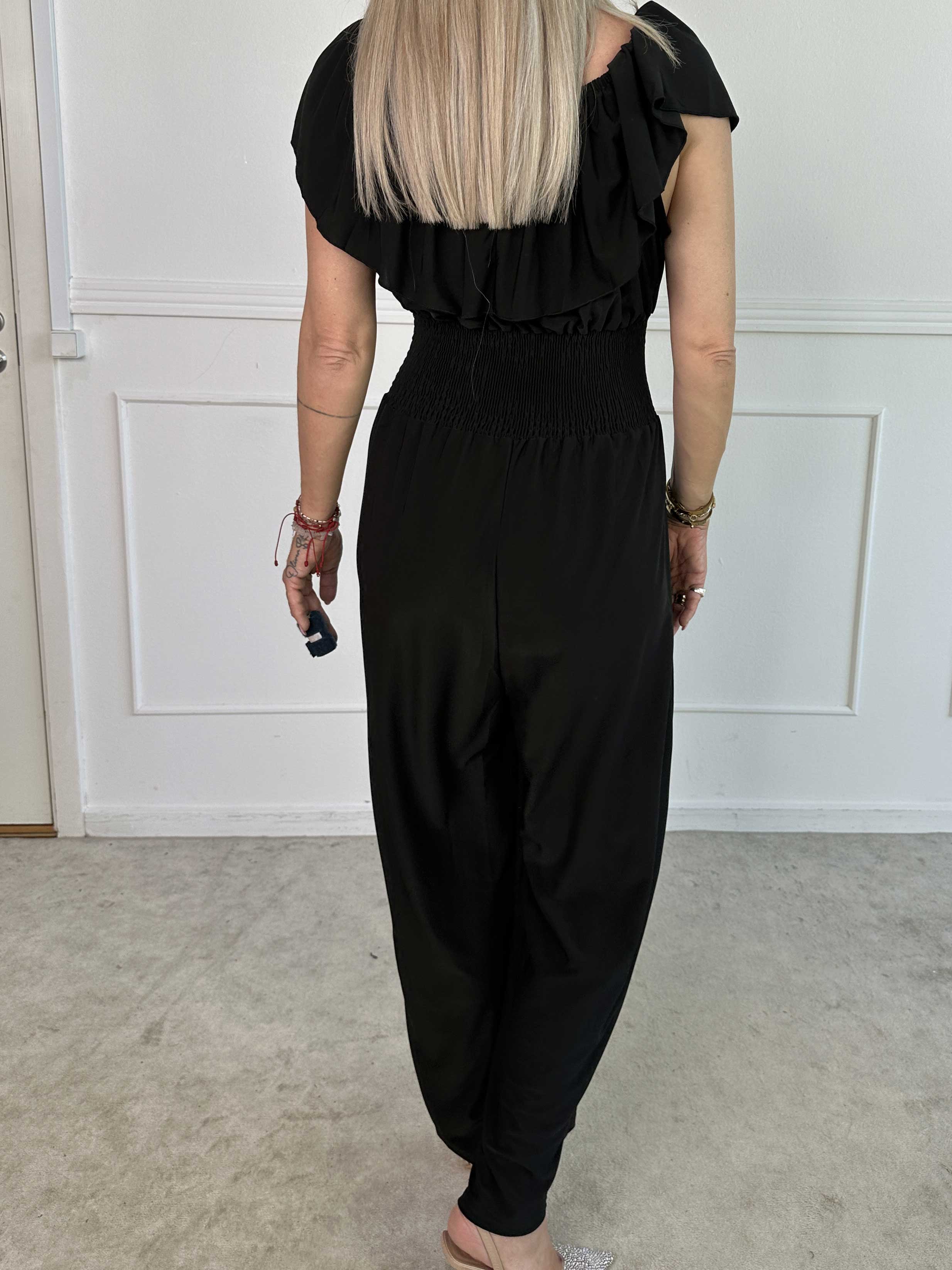 Pams Plain Frill Jumpsuit - Elastisk buksedragt med smock og flæse